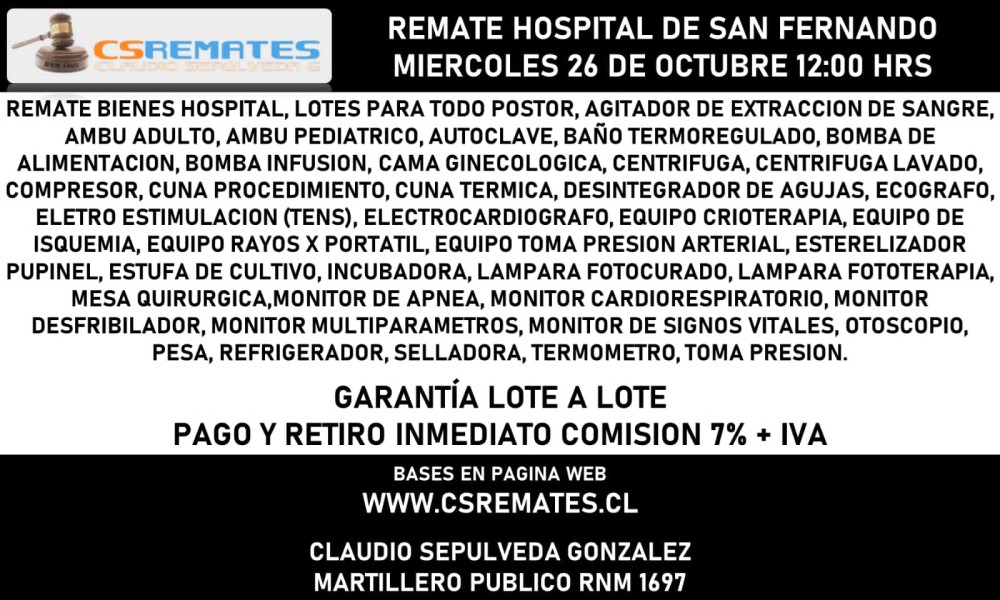 Este miércoles se realizará REMATE en Hospital San Fernando